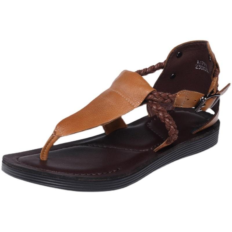 Clip Toe Buckle Flat Heel Håndlagde Skinnsandaler