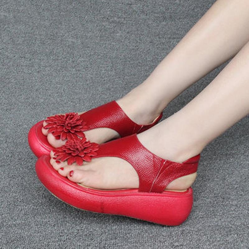 Clip Toe Leather Flower Platform Sandaler