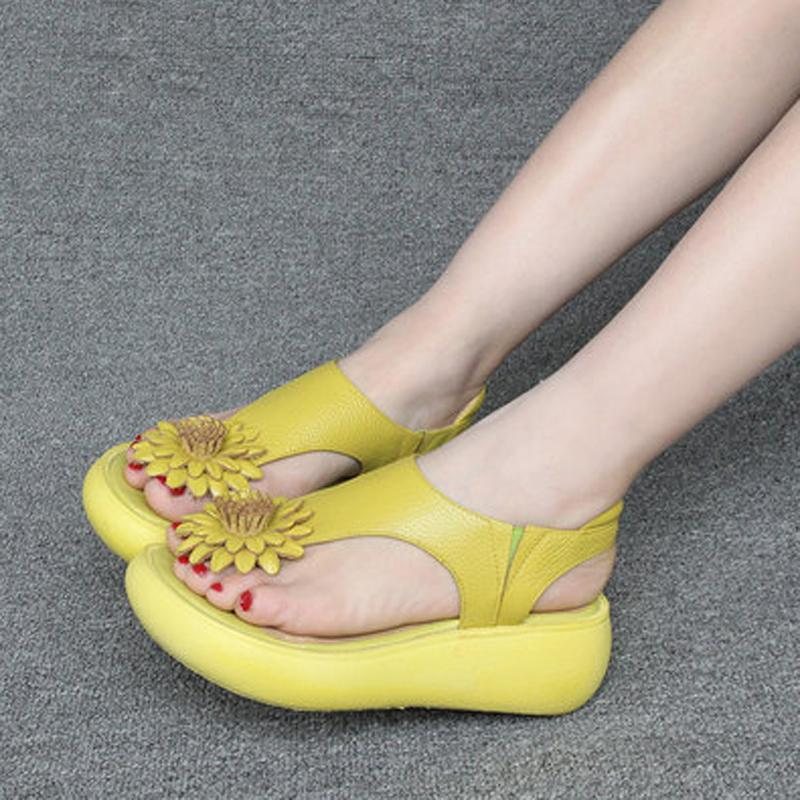 Clip Toe Leather Flower Platform Sandaler