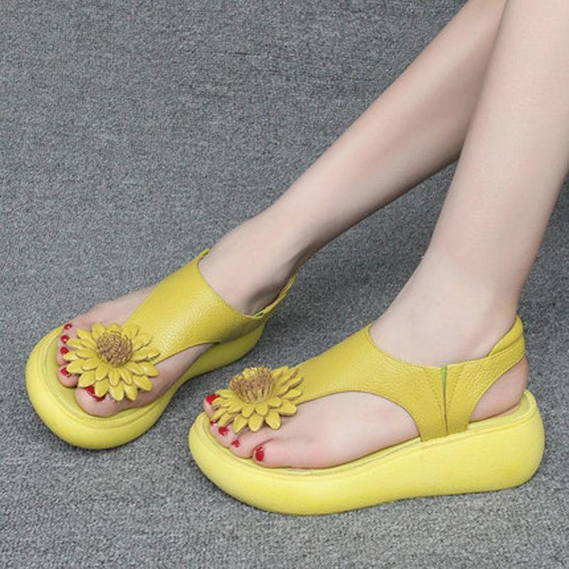 Clip Toe Leather Flower Platform Sandaler