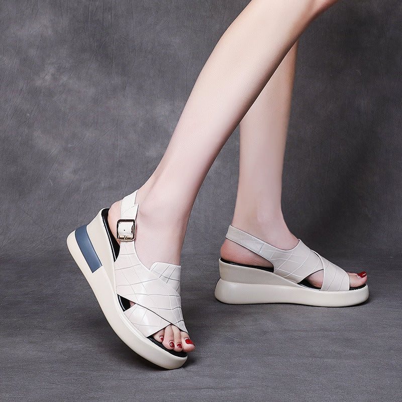 Dame Retro Leather Wedge Casual Sommersandaler