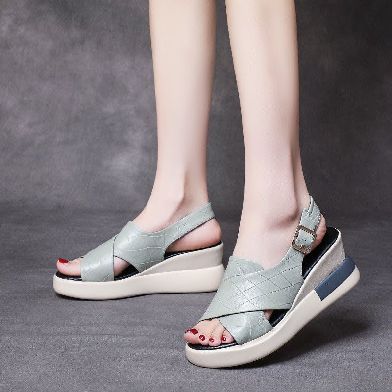 Dame Retro Leather Wedge Casual Sommersandaler