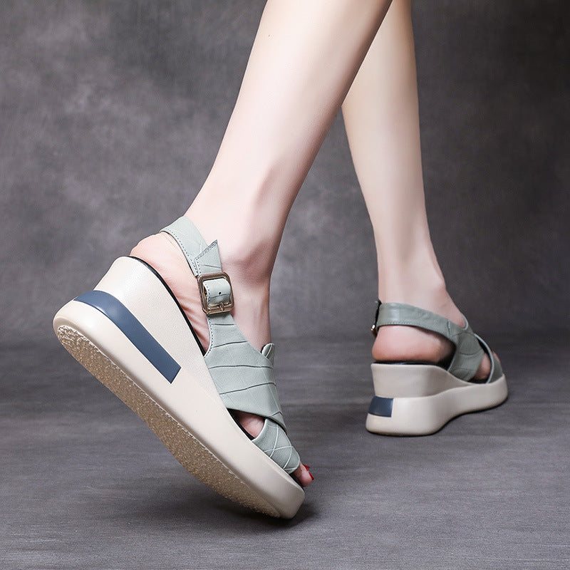 Dame Retro Leather Wedge Casual Sommersandaler