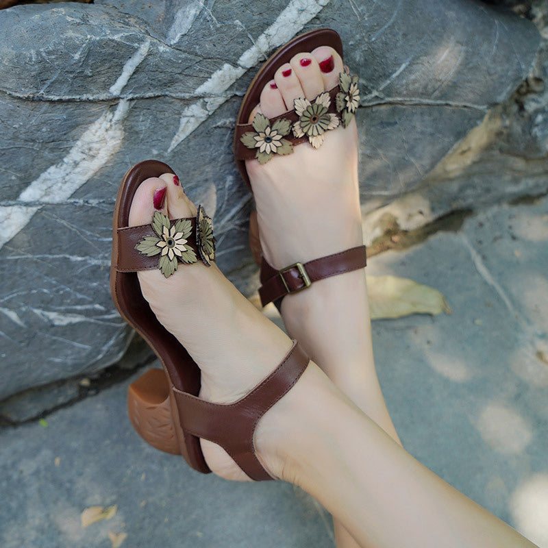 Dame Retro Summer Floral Leather Wedge Sandaler