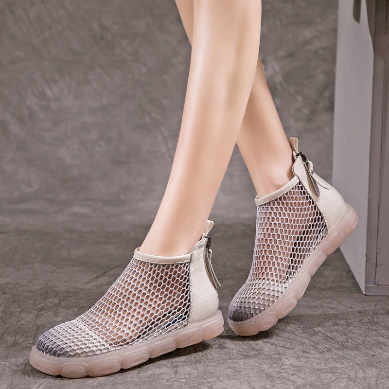 Dame Sommer Retro Leather Mesh Tilbake Glidelås Sandaler