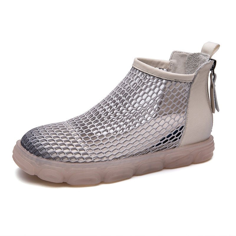 Dame Sommer Retro Leather Mesh Tilbake Glidelås Sandaler