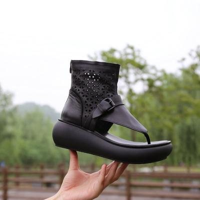 Dame Sommer Skinn Hollow Out Casual Clip Toe Boots Sandaler