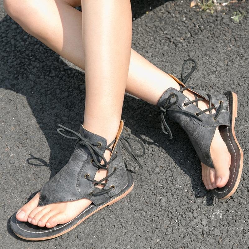 Dame Summer Clip Toe Lace Up Retro Flats Sandaler