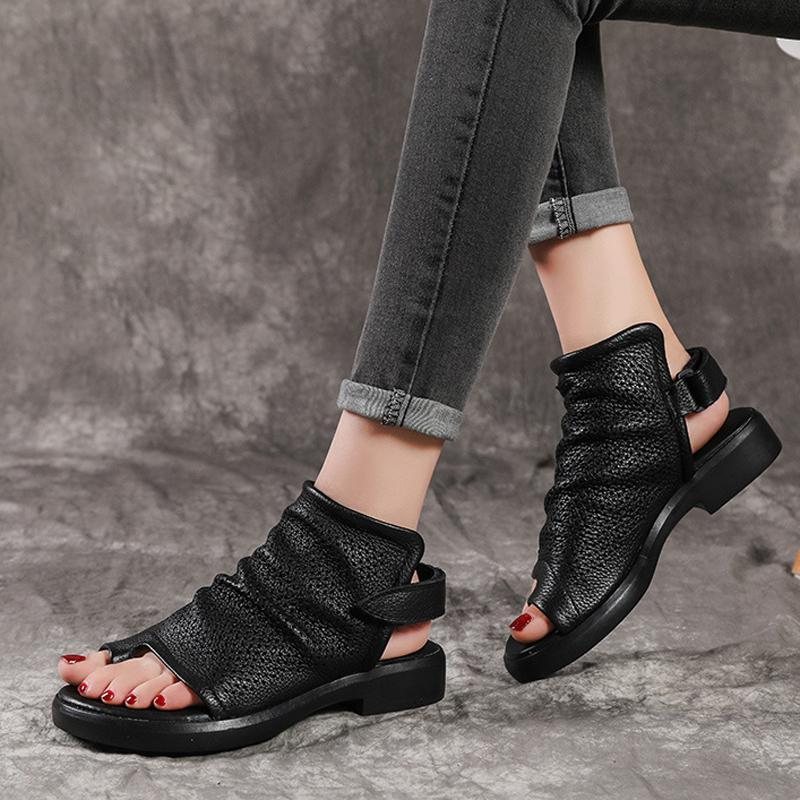 Kvinner Hollow Out Clip Toe Leather Flats Sandaler