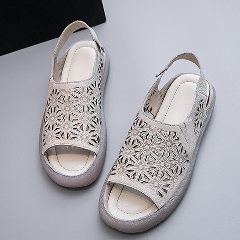 Leather Peep Toe Floral Hollow Out Casual Flat Sandaler