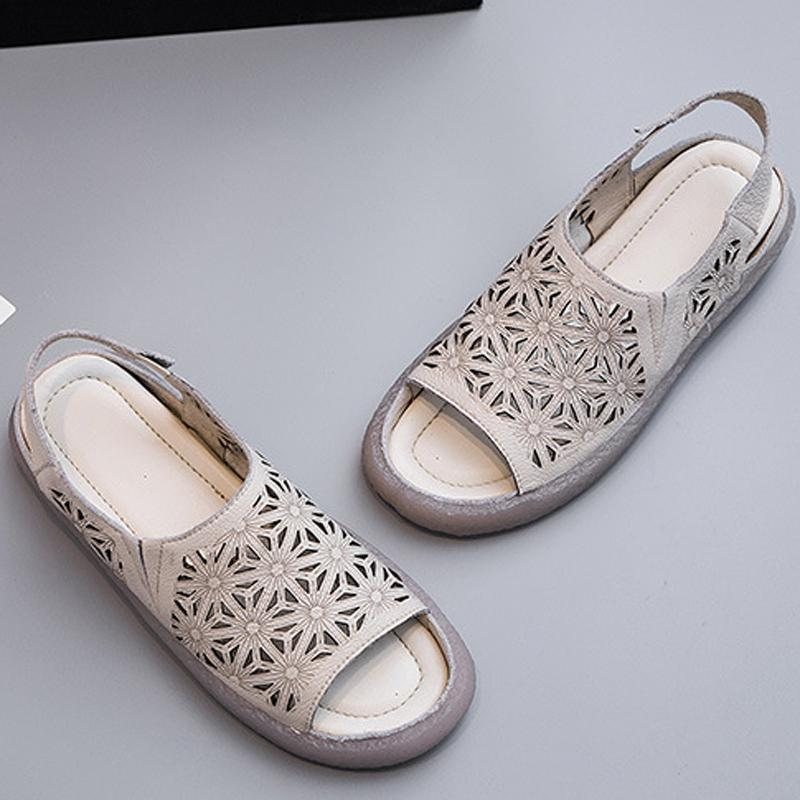 Leather Peep Toe Floral Hollow Out Casual Flat Sandaler