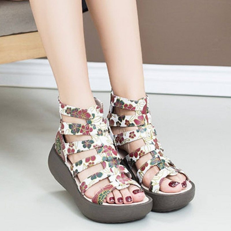 Leather Retro Platform Printed Rome Sandaler