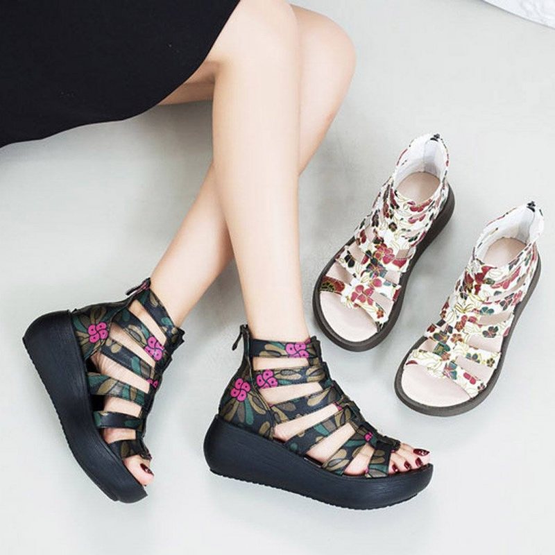 Leather Retro Platform Printed Rome Sandaler