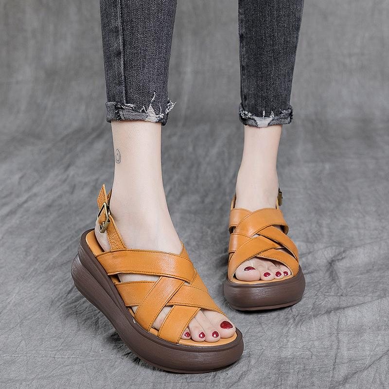 Simple Leather Platform Retro Casual Sandaler