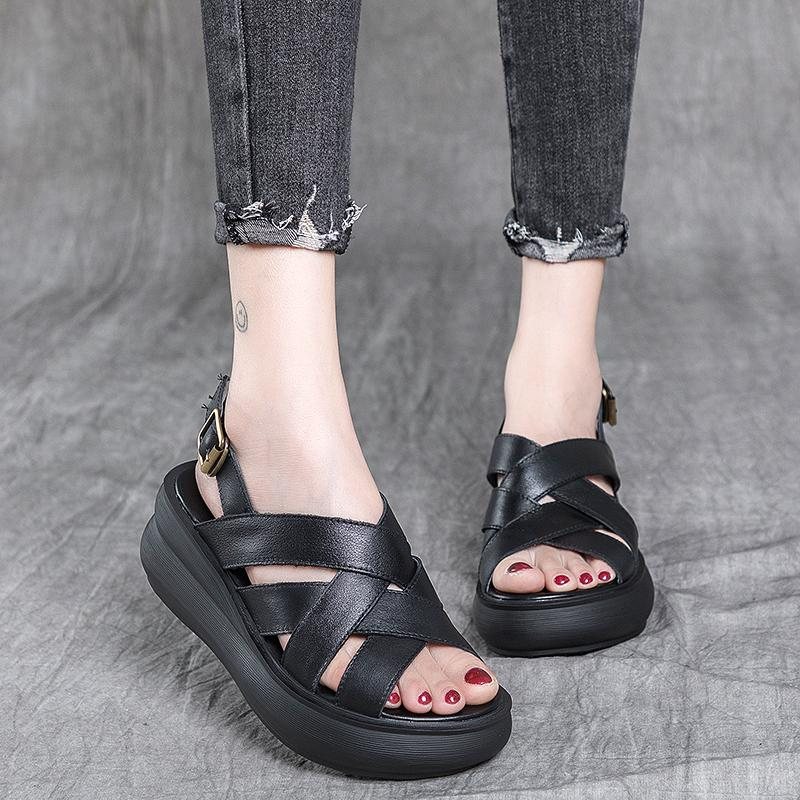 Simple Leather Platform Retro Casual Sandaler