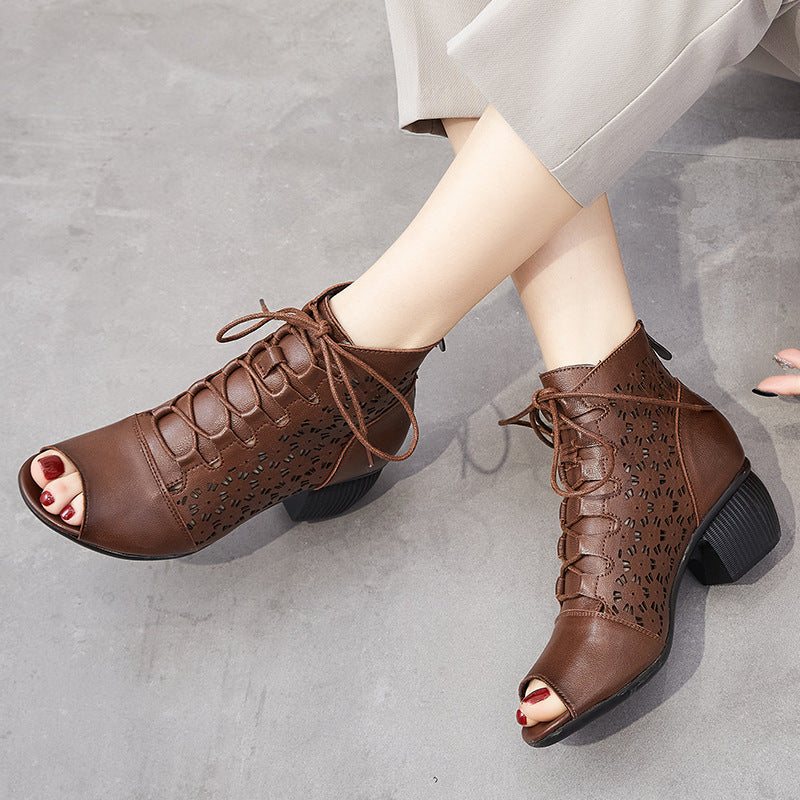 Summer Hollow Leather Retro Wedge Casual Sandaler