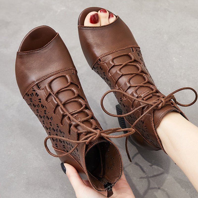 Summer Hollow Leather Retro Wedge Casual Sandaler