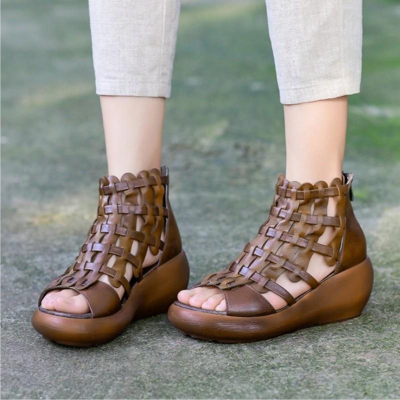 Summer Leather Wedges Retro Vevde Håndlagde Sandaler