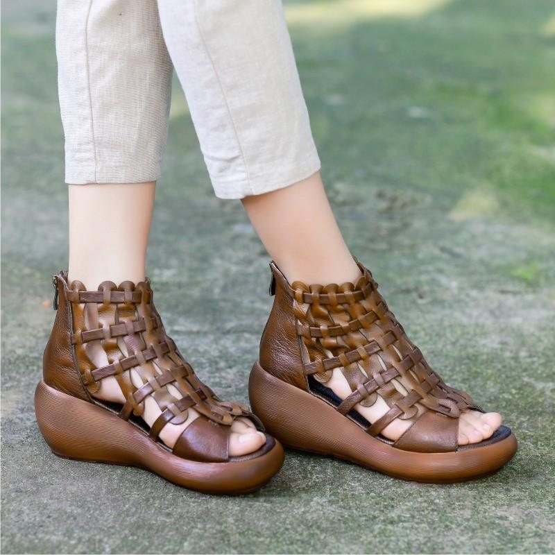 Summer Leather Wedges Retro Vevde Håndlagde Sandaler