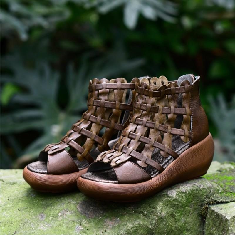 Summer Leather Wedges Retro Vevde Håndlagde Sandaler