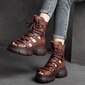 Summer Vintage Hollow Leather Platform Sandaler