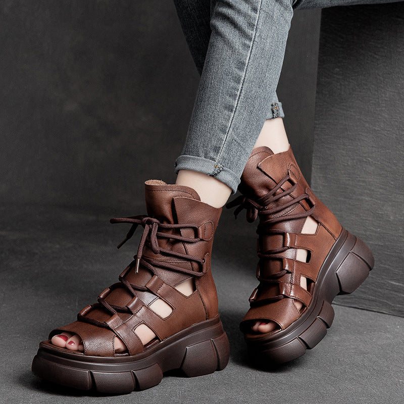 Summer Vintage Hollow Leather Platform Sandaler