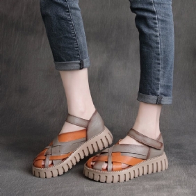 Vår Sommer Retro Hule Strappy Lærsandaler