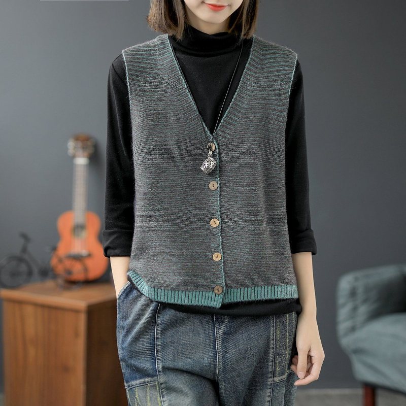 Autumn Cotton Blended Stripe V-neck Vest