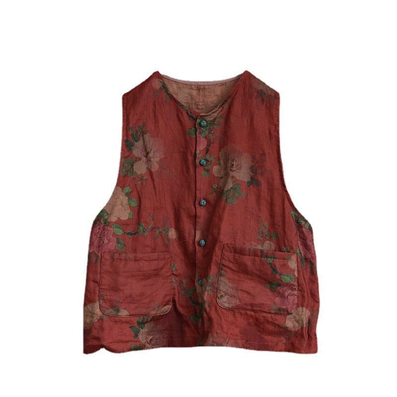 Dame Retro Floral Lin Enkel-breasted Vest