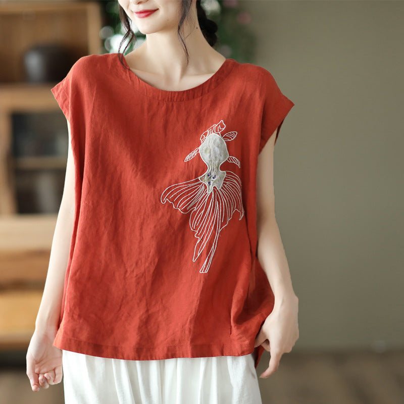 Dame Retro Goldfish Broderi Lin Casual Vest