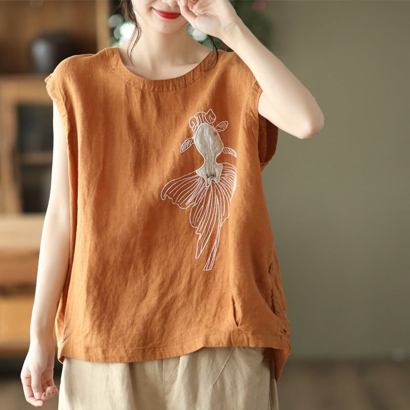 Dame Retro Goldfish Broderi Lin Casual Vest