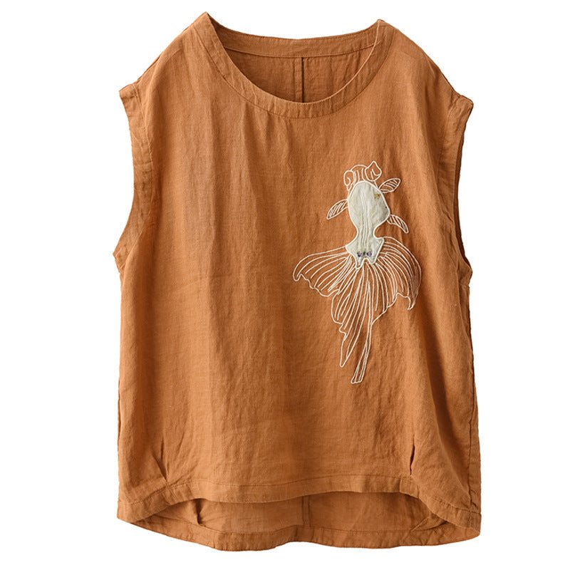 Dame Retro Goldfish Broderi Lin Casual Vest