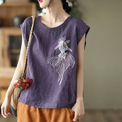 Dame Retro Goldfish Broderi Lin Casual Vest