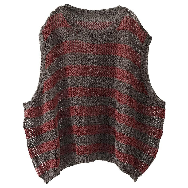 Dame Retro Løs Hul Bomullslin Strikket Vest