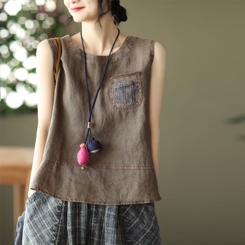 Dame Retro Patchwork Pocket Lin Sommervest