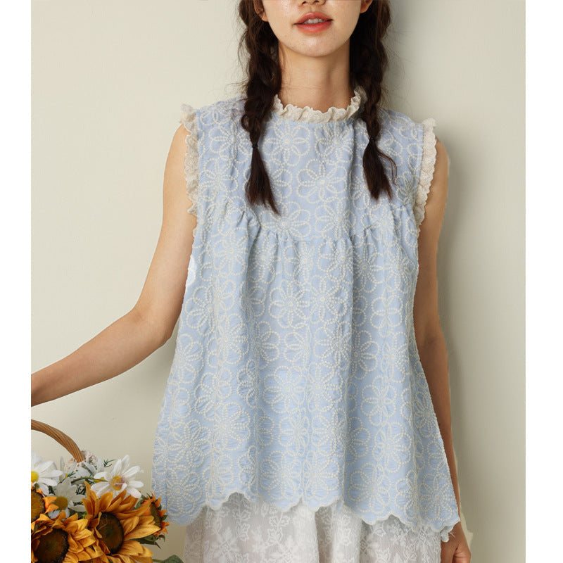 Summer Retro Floral Brodery Cotton Lin Vest