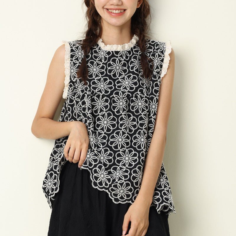 Summer Retro Floral Brodery Cotton Lin Vest