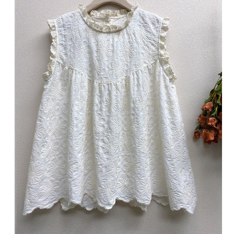 Summer Retro Floral Brodery Cotton Lin Vest