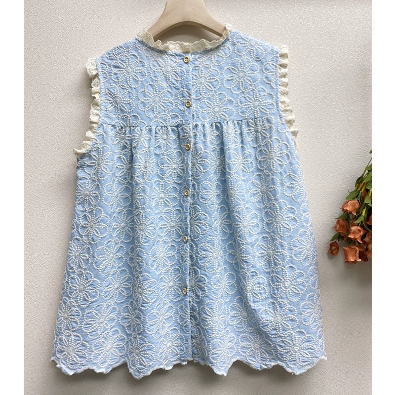 Summer Retro Floral Brodery Cotton Lin Vest