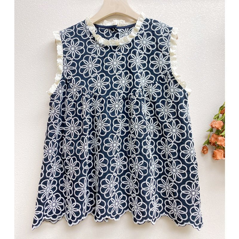 Summer Retro Floral Brodery Cotton Lin Vest