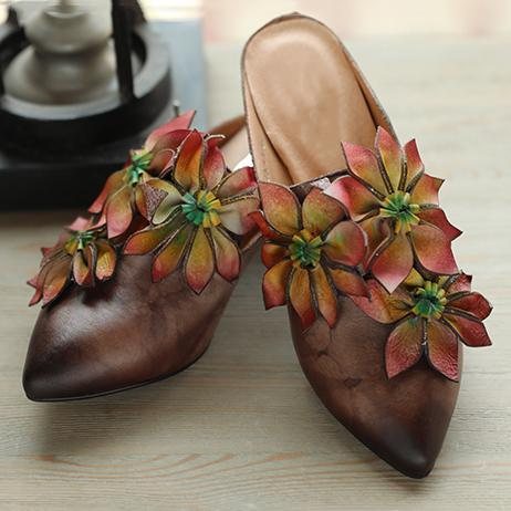 Blomster Retro Almond Toe Chunky Heels Tøfler 35-41