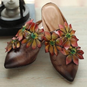 Blomster Retro Almond Toe Chunky Heels Tøfler 35-41