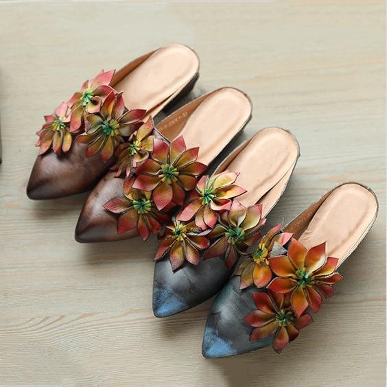 Blomster Retro Almond Toe Chunky Heels Tøfler 35-41