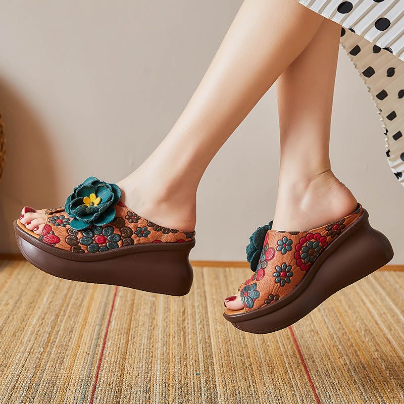 Dame Sommer Floral Lær Slipsole Casual Tøfler