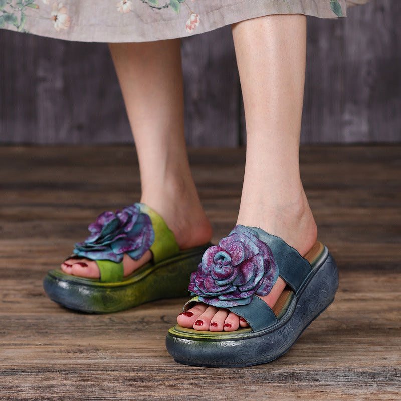 Dame Sommer Vintage Leather Floral Platform Tøfler