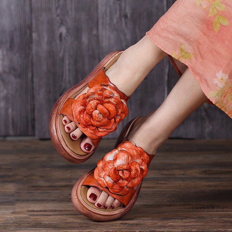 Dame Sommer Vintage Leather Floral Platform Tøfler