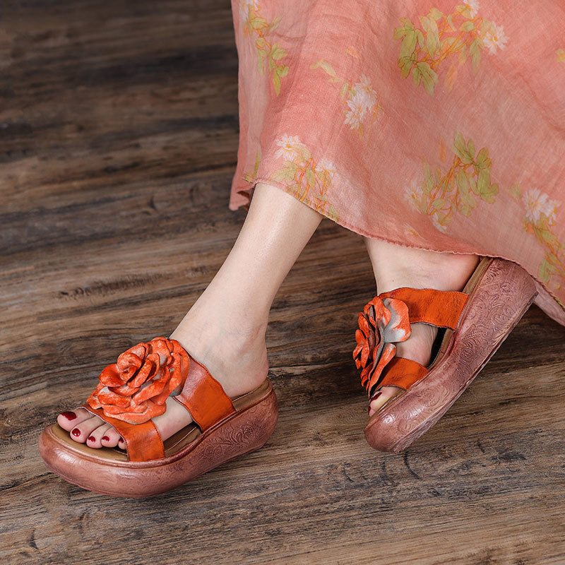 Dame Sommer Vintage Leather Floral Platform Tøfler