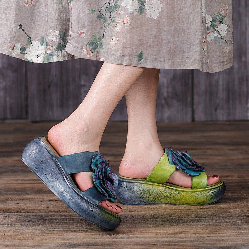 Dame Sommer Vintage Leather Floral Platform Tøfler