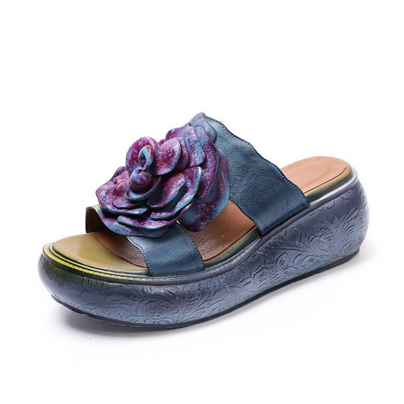 Dame Sommer Vintage Leather Floral Platform Tøfler