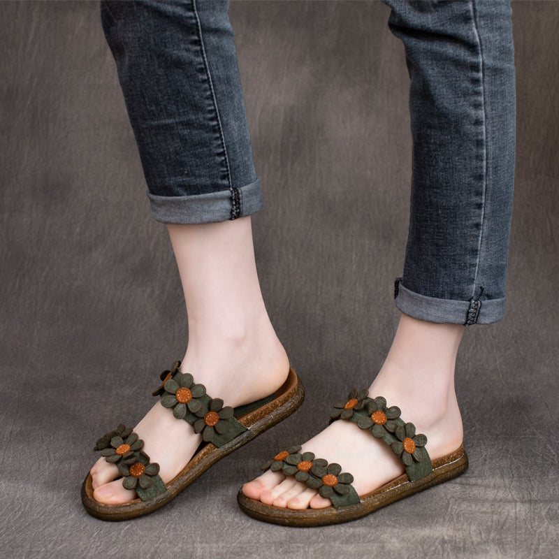 Dame Summer Retro Leather Floral Slippers